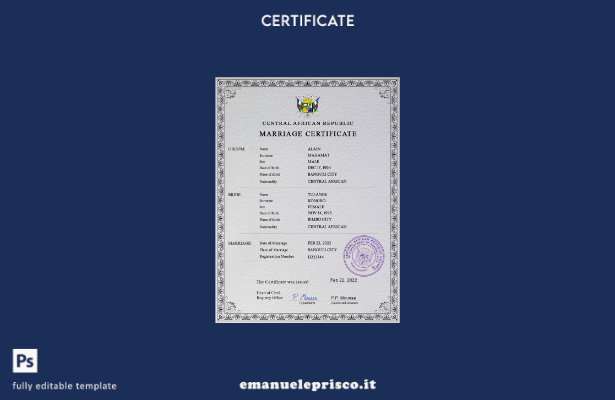 modello PSD di certificato di matrimonio della Repubblica Centrafricana in stile