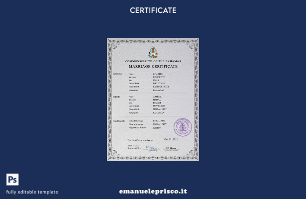 modello PSD di certificato di matrimonio delle Bahamas in stile verificato