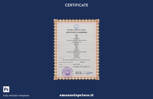 modello PSD di certificato di matrimonio delle Isole Marshall in stile verificat