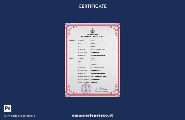 modello PSD di certificato di matrimonio delle Isole Salomone in stile verificat