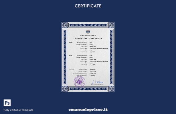 modello PSD di certificato di matrimonio delle Seychelles in stile verificato