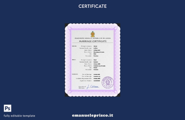 modello PSD di certificato di matrimonio dello Sri Lanka in stile verificato