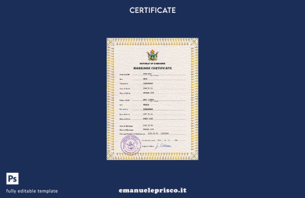 modello PSD di certificato di matrimonio dello Zimbabwe in stile verificato