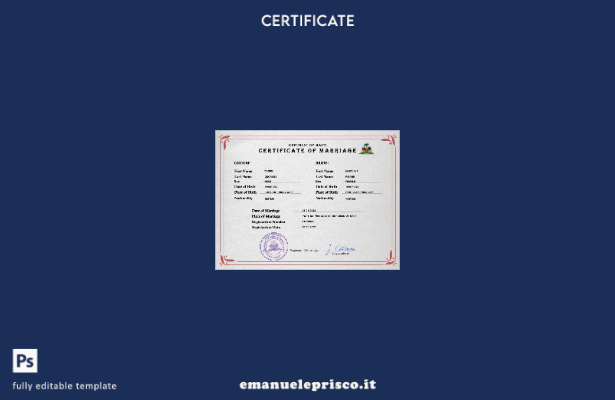 modello PSD di certificato di matrimonio di Haiti in stile verificato