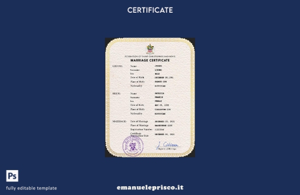 modello PSD di certificato di matrimonio di Saint Kitts e Nevis in stile verific
