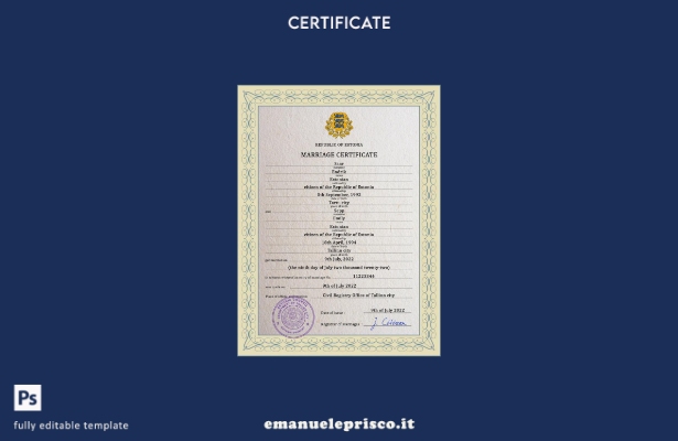 modello PSD di certificato di matrimonio estone in stile verificato