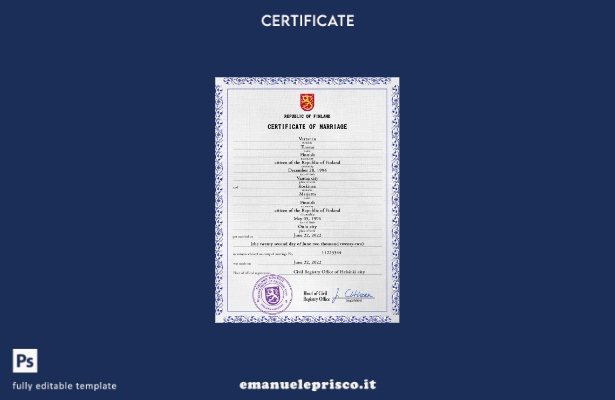 modello PSD di certificato di matrimonio finlandese in stile verificato