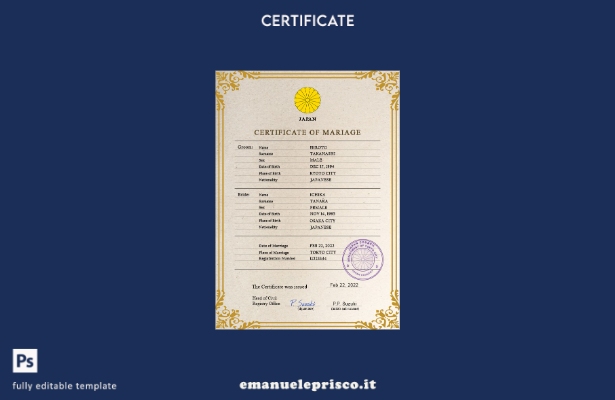 modello PSD di certificato di matrimonio giapponese in stile verificato