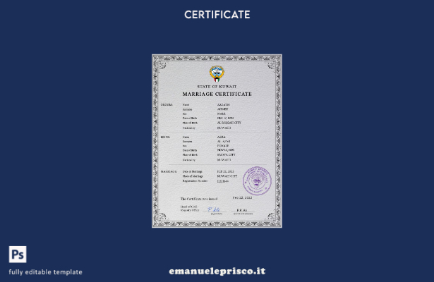 modello PSD di certificato di matrimonio in Kuwait in stile verificato