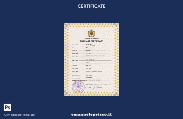 modello PSD di certificato di matrimonio in Marocco in stile verificato