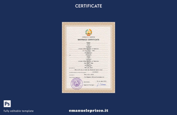 modello PSD di certificato di matrimonio in Tagikistan in stile verificato