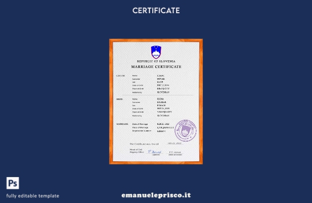 modello PSD di certificato di matrimonio in stile verificato in Slovenia