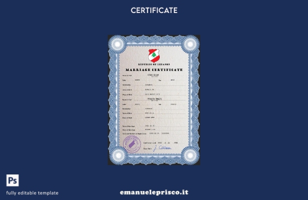 modello PSD di certificato di matrimonio libanese in stile verificato