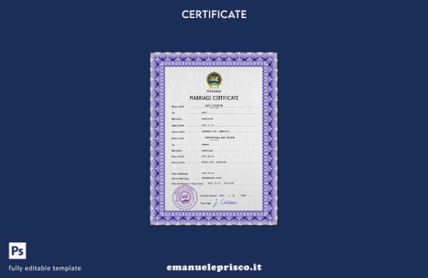 modello PSD di certificato di matrimonio mongolo in stile verificato