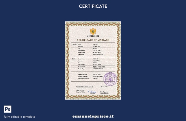 modello PSD di certificato di matrimonio montenegrino in stile verificato