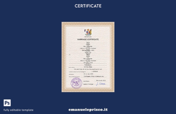 modello PSD di certificato di matrimonio neozelandese in stile verificato