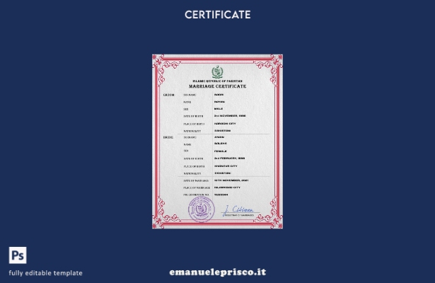modello PSD di certificato di matrimonio pakistano in stile verificato