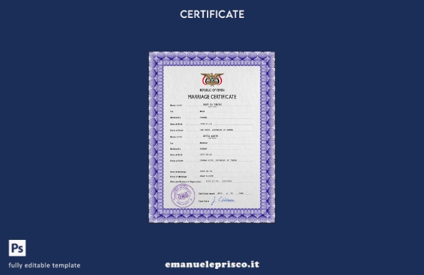 modello PSD di certificato di matrimonio yemenita in stile verificato
