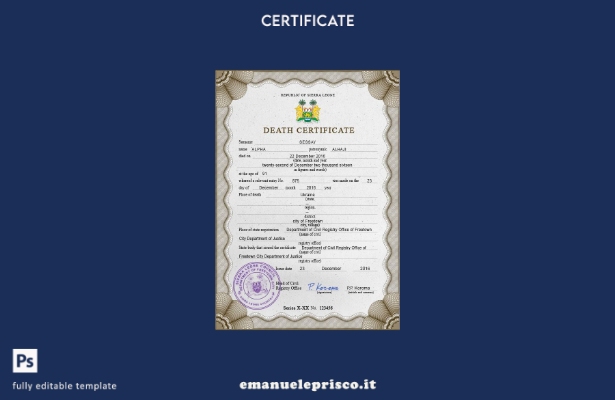 modello PSD di certificato di morte di documenti di stato civile della Sierra Le