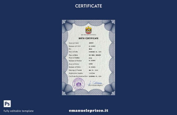 modello PSD di certificato di nascita di documenti di stato civile degli Emirati
