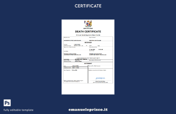 modello Word e PDF del certificato di morte della Nuova Zelanda in stile verific