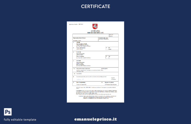 modello Word e PDF del certificato di nascita della Lituania in stile verificato