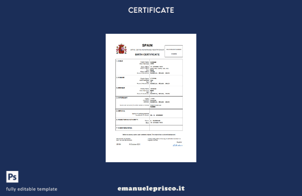 modello Word e PDF del certificato di nascita della Spagna in stile verificato