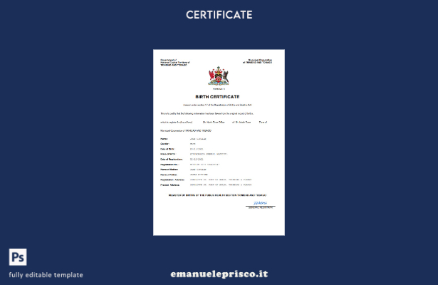 modello Word e PDF del certificato di nascita di Trinidad e Tobago in stile veri