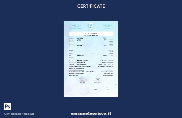 modello completamente modificabile di certificato di nascita in Israele in stile