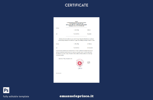 modello di certificato di divorzio di Hong Kong in stile verificato in formato W