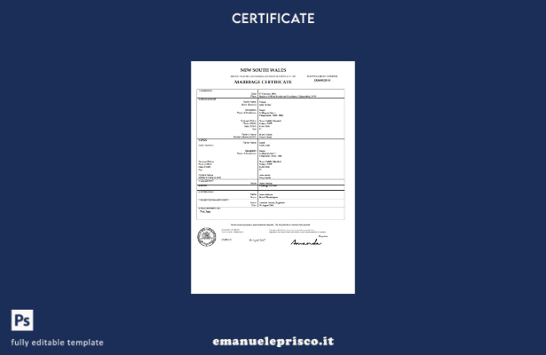 modello di certificato di matrimonio Australia Nuovo Galles del Sud in stile ver