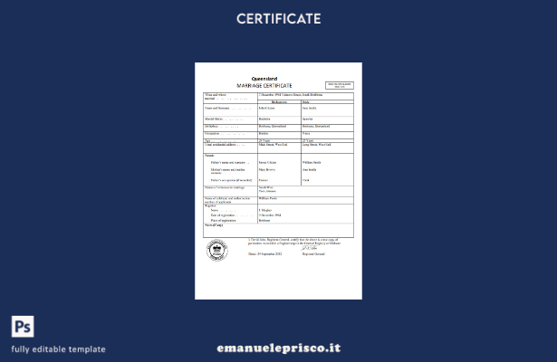 modello di certificato di matrimonio Australia Queensland in stile verificato ne