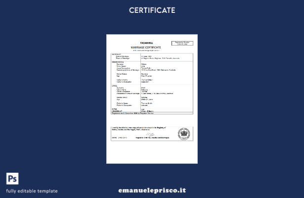 modello di certificato di matrimonio Australia Tasmania in stile verificato nel