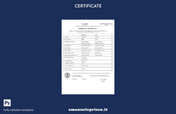modello di certificato di matrimonio Australia Victoria in stile verificato nel