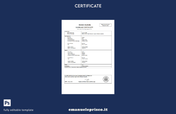 modello di certificato di matrimonio Australia Western Australia in stile verifi