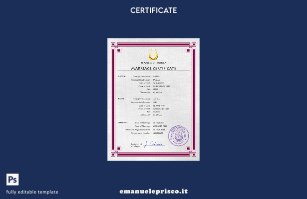 modello di certificato di matrimonio Guniea in stile verificato