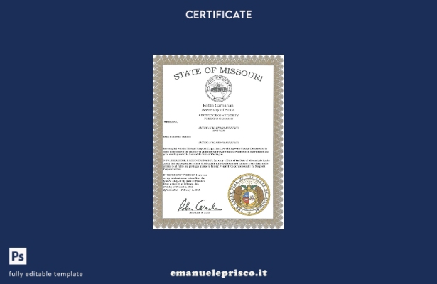 modello di certificato di matrimonio USA Missouri in stile verificato nel modell