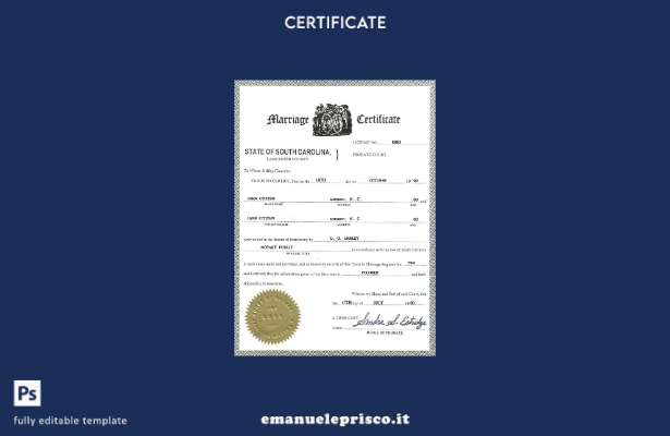 modello di certificato di matrimonio USA South Carolina in stile verificato nel