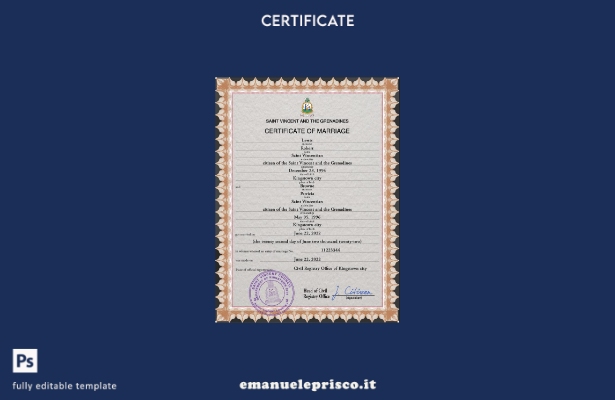 modello di certificato di matrimonio di Saint Vincent e Grenadine in stile verif