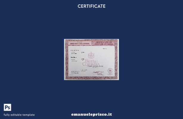 modello di certificato di modifica del nome del Canada British Columbia stile ve