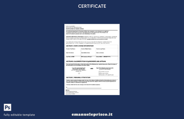 modello di certificato di modifica del nome del Dipartimento per gli affari dei