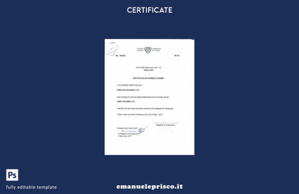 modello di certificato di modifica del nome del registro delle società di Cipro