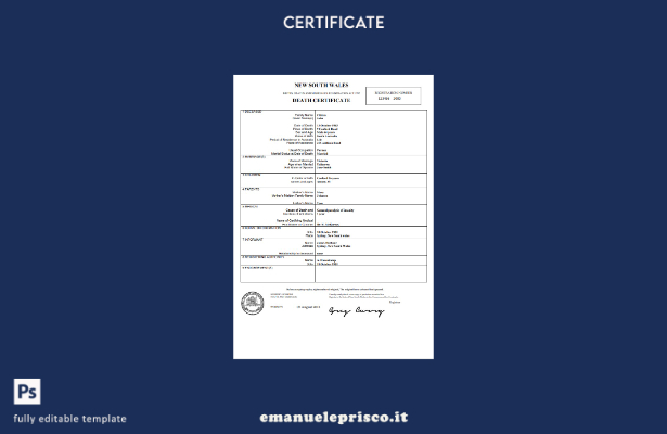 modello di certificato di morte Australia Nuovo Galles del Sud in stile verifi 1