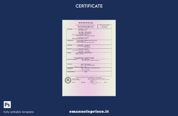 modello di certificato di morte Australia Nuovo Galles del Sud in stile verifica