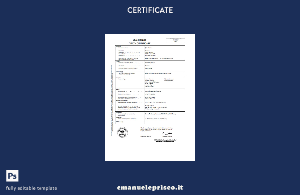 modello di certificato di morte Australia Queensland in stile verificato nel mod