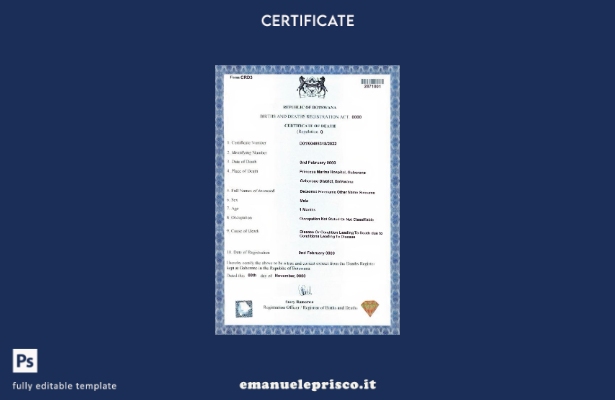 modello di certificato di morte del Botswana in stile verificato nel modello in