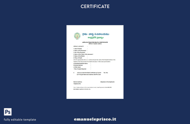 modello di certificato di morte del governo indiano dell'Andhra Pradesh in stile