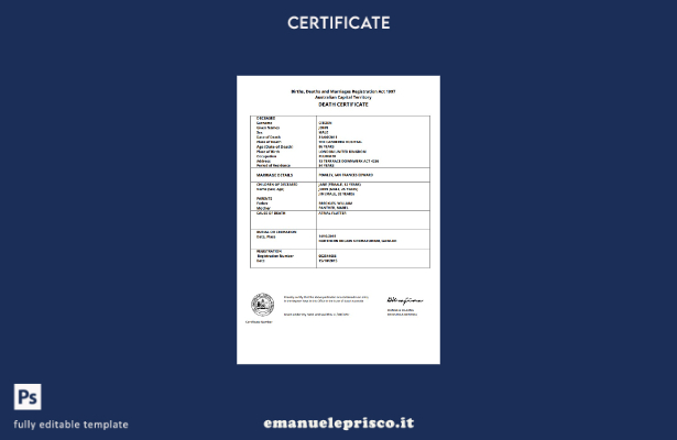 modello di certificato di morte del territorio della capitale australiana in sti