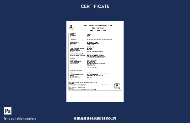 modello di certificato di morte dell'Australia Meridionale in stile verificato n