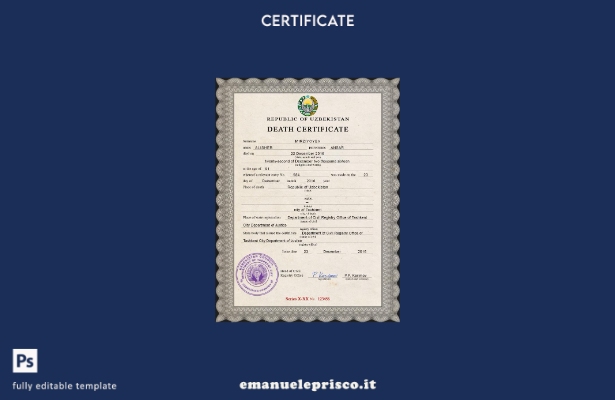 modello di certificato di morte dell'Uzbekistan in stile verificato